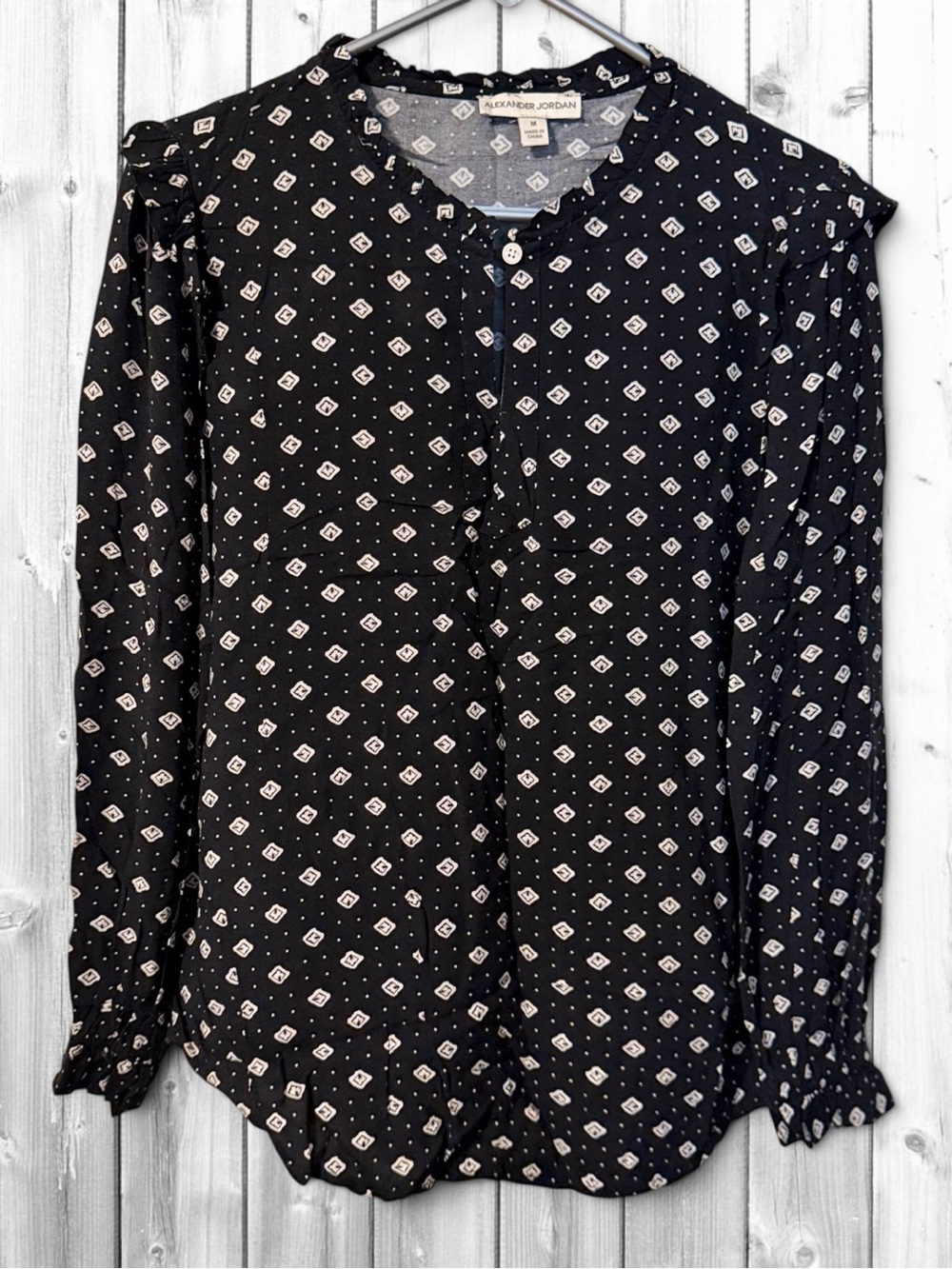 🌼Alexander Jordan Black Printed Long-Sleeve Blouse with Geometric Motif